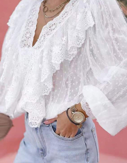 Load image into Gallery viewer, Sexy V Neck Office Lace Blouse Ruffle Tops
