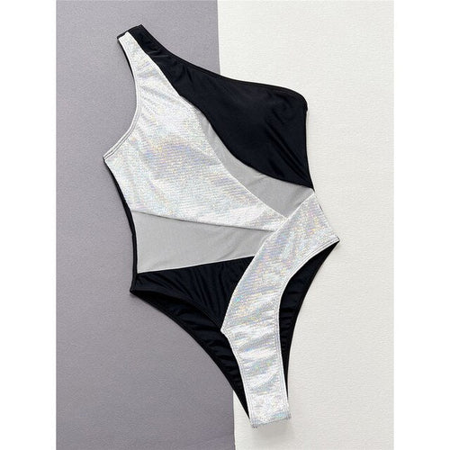 Load image into Gallery viewer, Splicing One Shoulder Shiny Sequins One Piece Swimsuit
