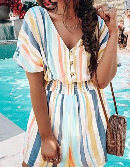 Load image into Gallery viewer, Summer Striped Print V-neck Button Romper
