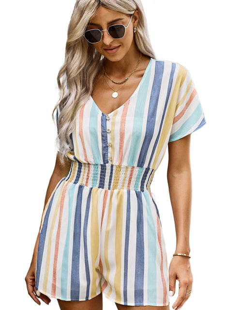 Load image into Gallery viewer, Summer Striped Print V-neck Button Romper
