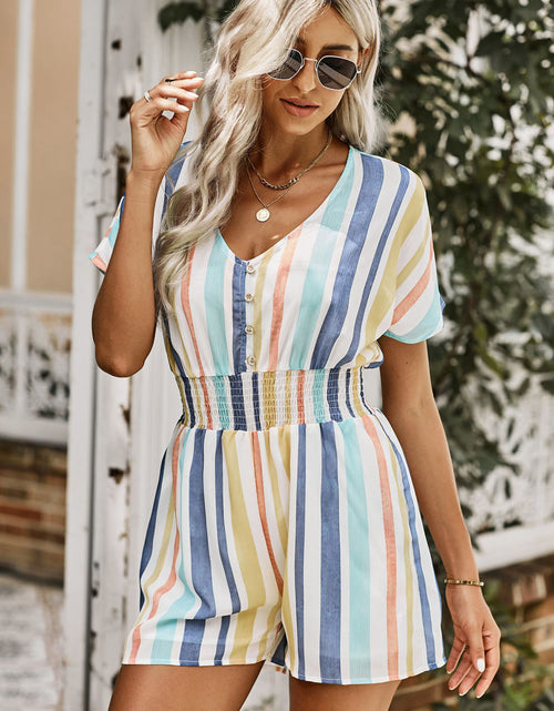 Load image into Gallery viewer, Summer Striped Print V-neck Button Romper
