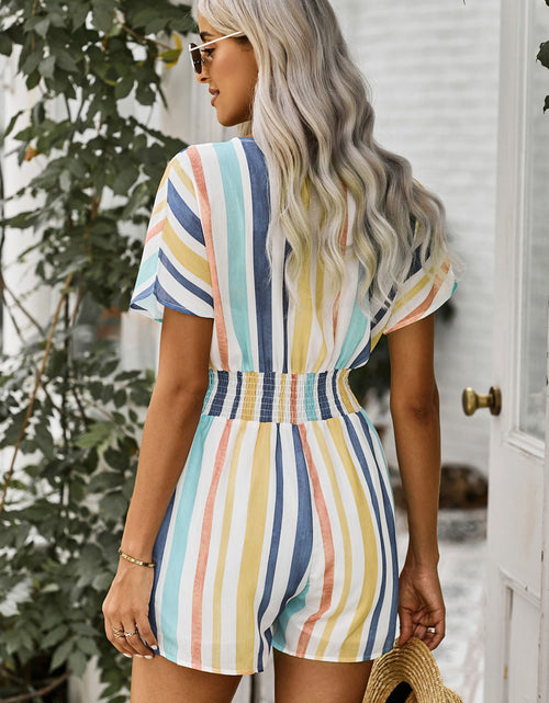 Load image into Gallery viewer, Summer Striped Print V-neck Button Romper
