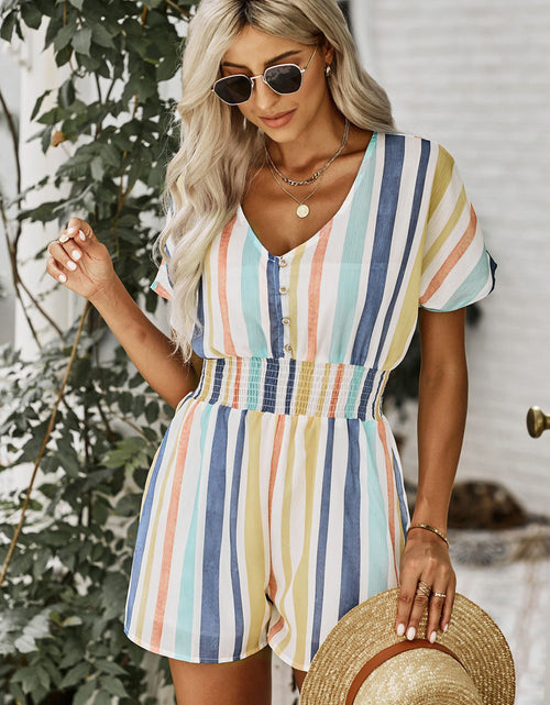 Load image into Gallery viewer, Summer Striped Print V-neck Button Romper
