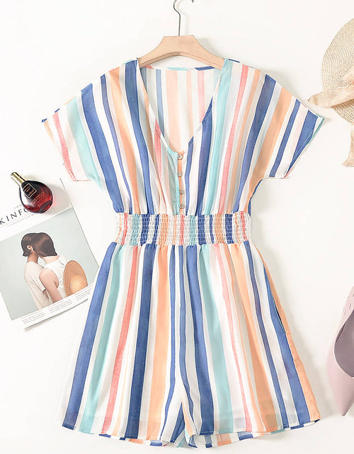 Load image into Gallery viewer, Summer Striped Print V-neck Button Romper
