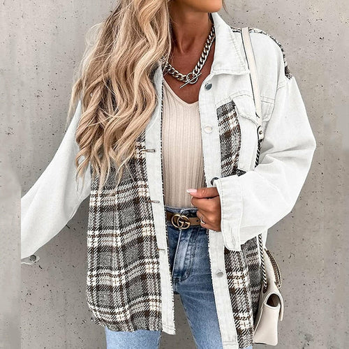 Denim Plaid Shirts Lapel Blouses and Tops