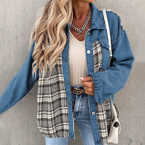 Load image into Gallery viewer, Denim Plaid Shirts Lapel Blouses and Tops
