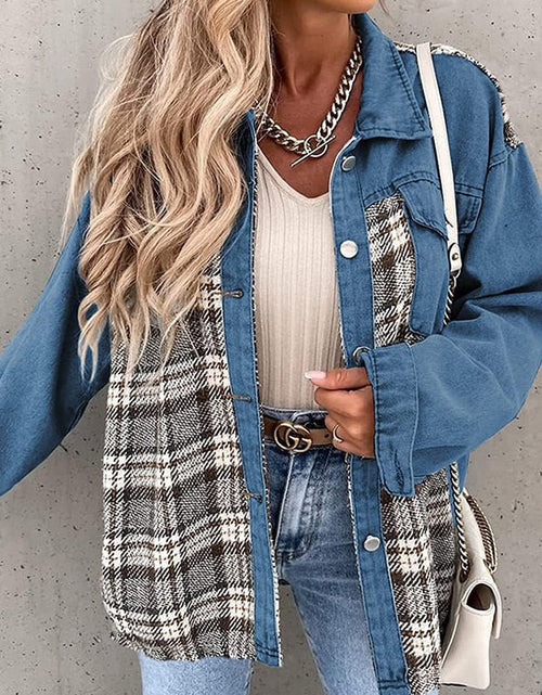 Load image into Gallery viewer, Denim Plaid Shirts Lapel Blouses and Tops
