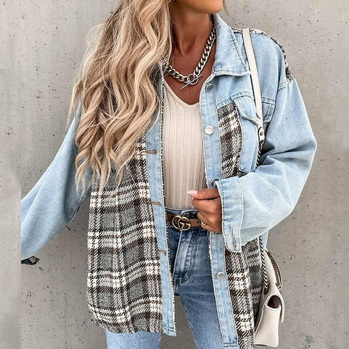 Load image into Gallery viewer, Denim Plaid Shirts Lapel Blouses and Tops
