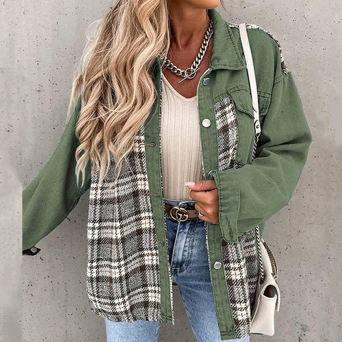 Denim Plaid Shirts Lapel Blouses and Tops