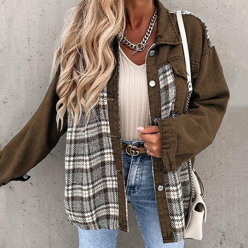 Denim Plaid Shirts Lapel Blouses and Tops