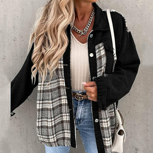 Denim Plaid Shirts Lapel Blouses and Tops