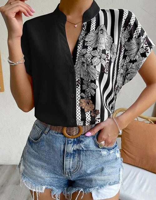 Load image into Gallery viewer, Short Sleeve Printed V-neck Blouse with Buttons
