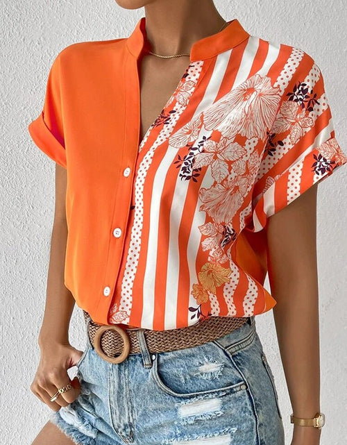 Load image into Gallery viewer, Short Sleeve Printed V-neck Blouse with Buttons
