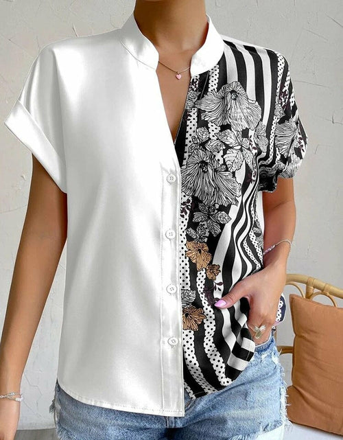 Load image into Gallery viewer, Short Sleeve Printed V-neck Blouse with Buttons
