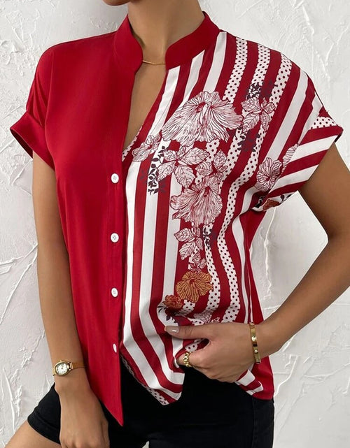 Load image into Gallery viewer, Short Sleeve Printed V-neck Blouse with Buttons
