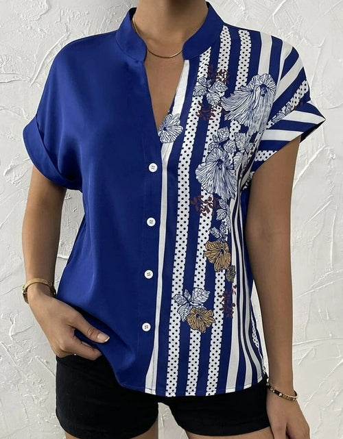 Load image into Gallery viewer, Short Sleeve Printed V-neck Blouse with Buttons
