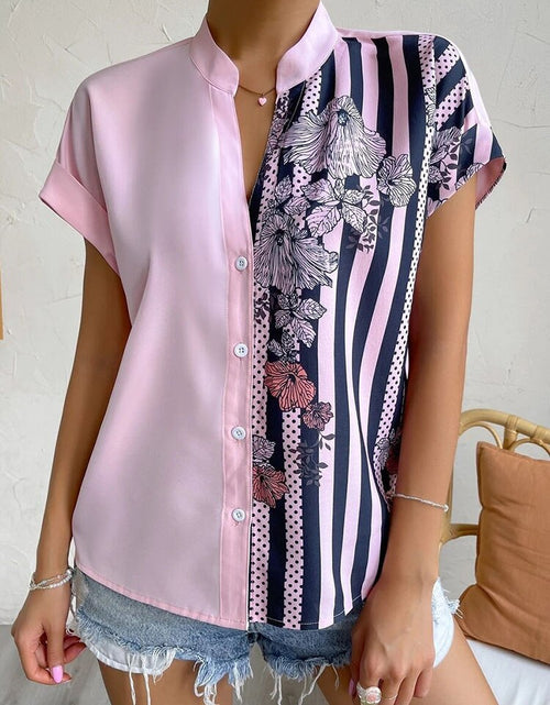 Load image into Gallery viewer, Short Sleeve Printed V-neck Blouse with Buttons
