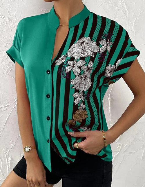 Load image into Gallery viewer, Short Sleeve Printed V-neck Blouse with Buttons
