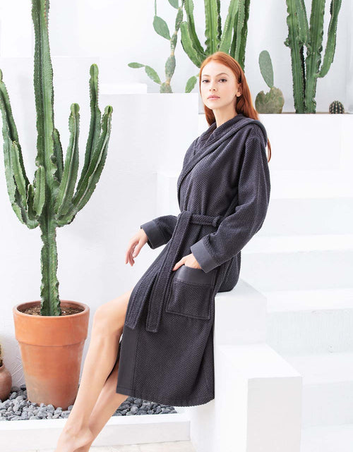 Load image into Gallery viewer, Women&#39;s Navy Blue Turkish Cotton Hooded Terry Bathrobe
