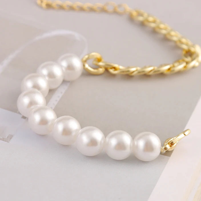 Womens Pearl Beaded Bracelet with Half Chain