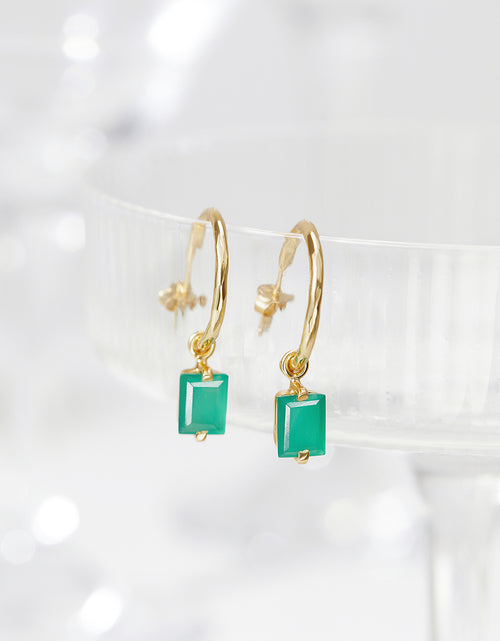 Load image into Gallery viewer, Green Onyx Earrings, Green Gemstone Earrings, Open Huggie Hoops
