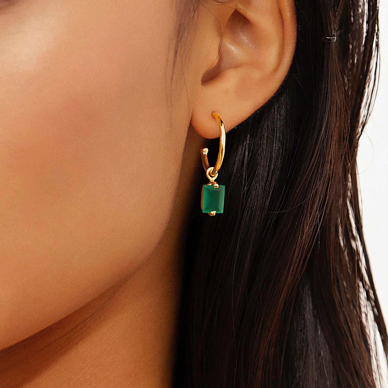 Green Onyx Earrings, Green Gemstone Earrings, Open Huggie Hoops