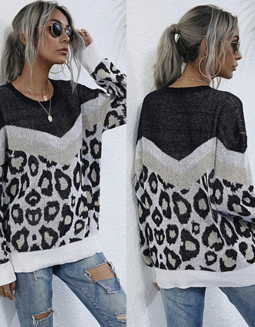 Load image into Gallery viewer, Womens Leopard Print Round Neck Sweater
