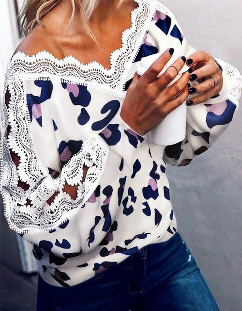 Load image into Gallery viewer, Lace Splicing Hollow Out Leopard V-Neck Blouse
