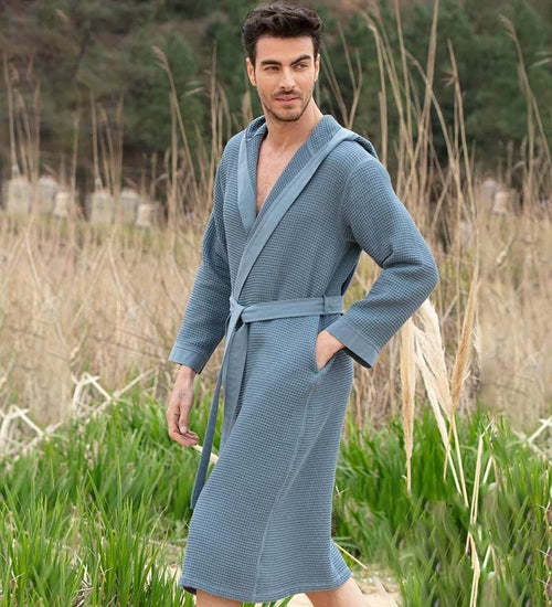 Load image into Gallery viewer, Men&#39;s Hooded Turkish Cotton Waffle Robe
