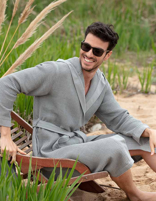 Load image into Gallery viewer, Men&#39;s Hooded Turkish Cotton Waffle Robe
