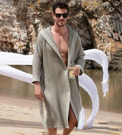 Load image into Gallery viewer, Men&#39;s Hooded Turkish Cotton Waffle Robe
