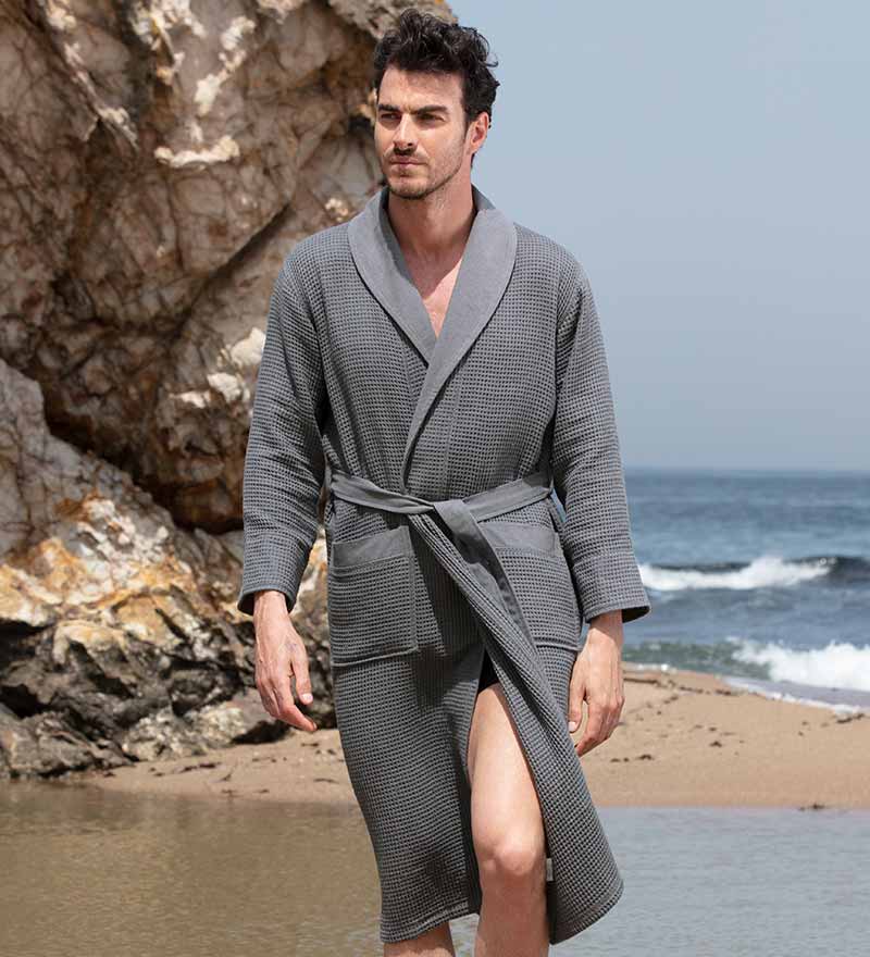 Men's Full Length Lightweight Waffle Spa Robe with Shawl Collar