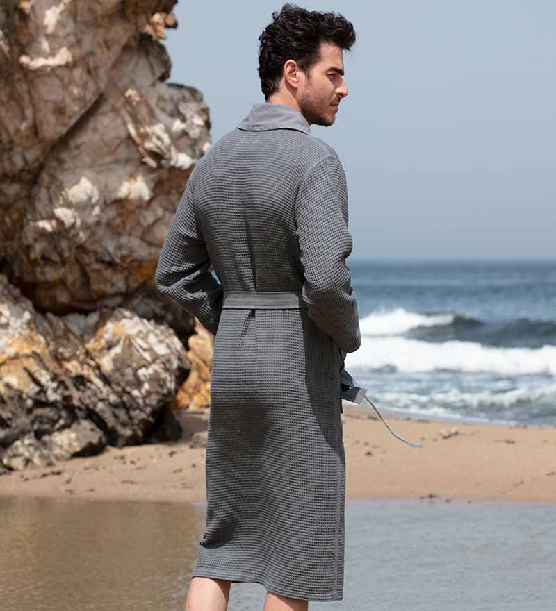 Men's Full Length Lightweight Waffle Spa Robe with Shawl Collar