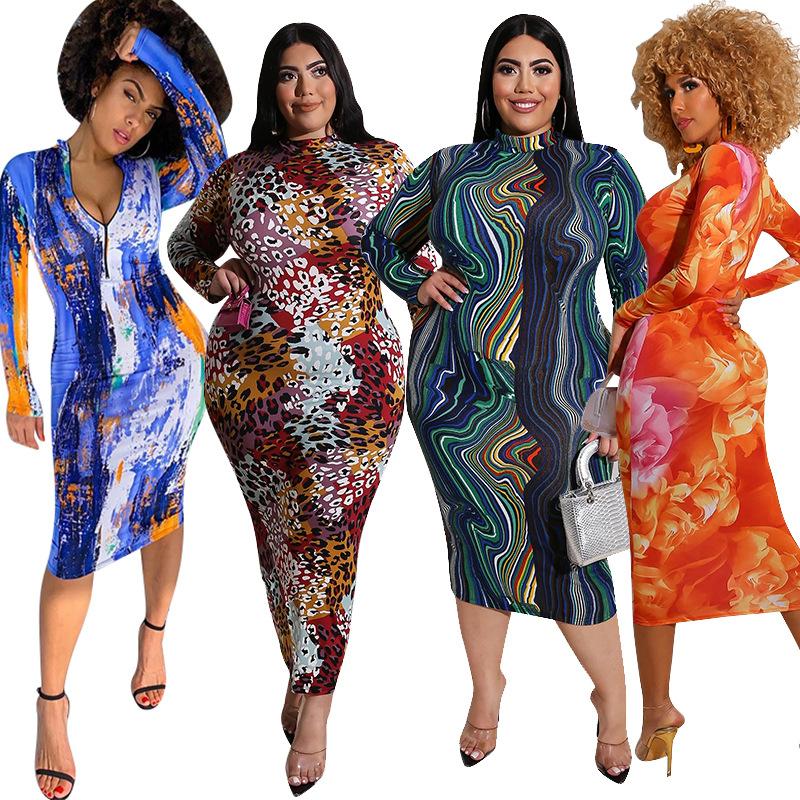 Plus Size Women Clothing Dresses Oversized Maxi Printed Tight-fitting