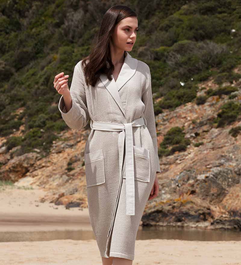 Women's Full Length Lightweight Waffle Spa Robe with Shawl Collar