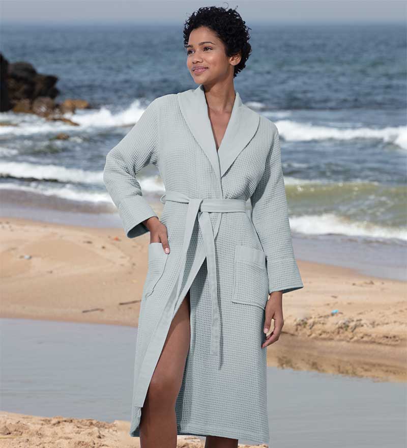 Women's Full Length Lightweight Waffle Spa Robe with Shawl Collar