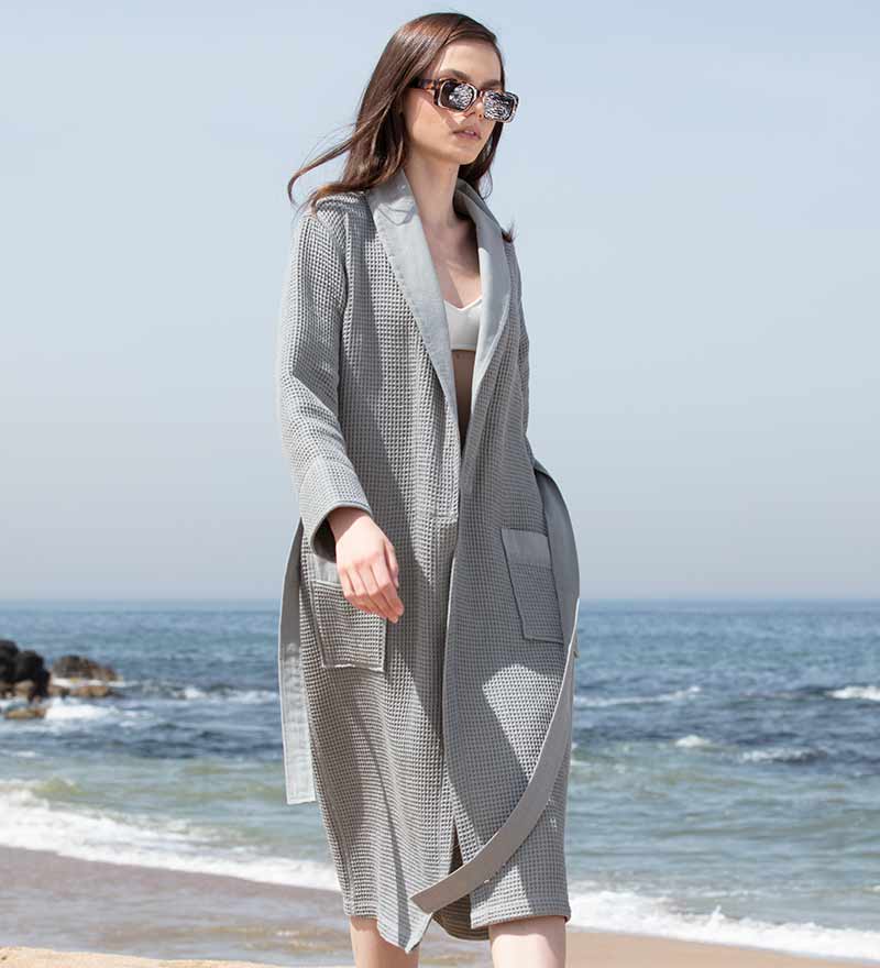 Women's Full Length Lightweight Waffle Spa Robe with Shawl Collar