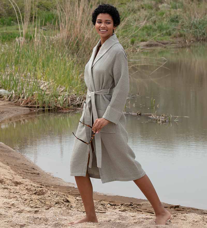 Women's Full Length Lightweight Waffle Spa Robe with Shawl Collar