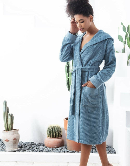 Load image into Gallery viewer, Women&#39;s Navy Blue Turkish Cotton Hooded Terry Bathrobe
