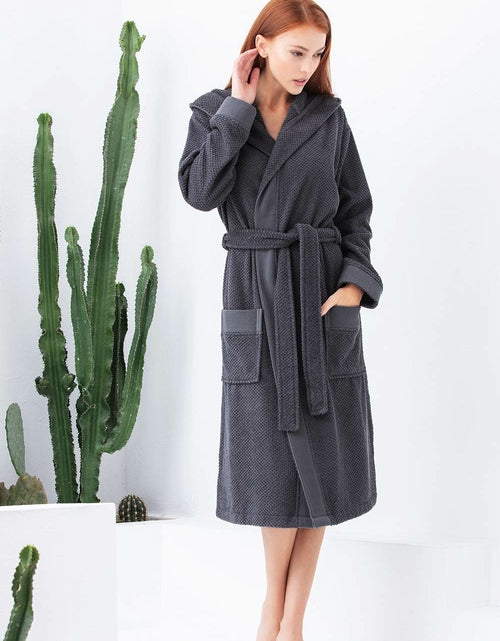 Load image into Gallery viewer, Women&#39;s Navy Blue Turkish Cotton Hooded Terry Bathrobe
