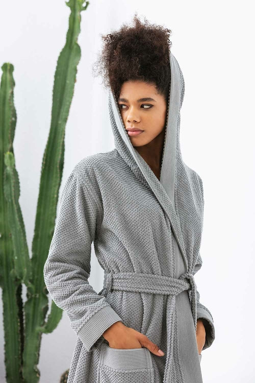 Women's Navy Blue Turkish Cotton Hooded Terry Bathrobe