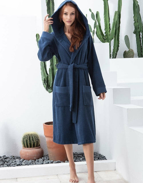 Load image into Gallery viewer, Women&#39;s Navy Blue Turkish Cotton Hooded Terry Bathrobe
