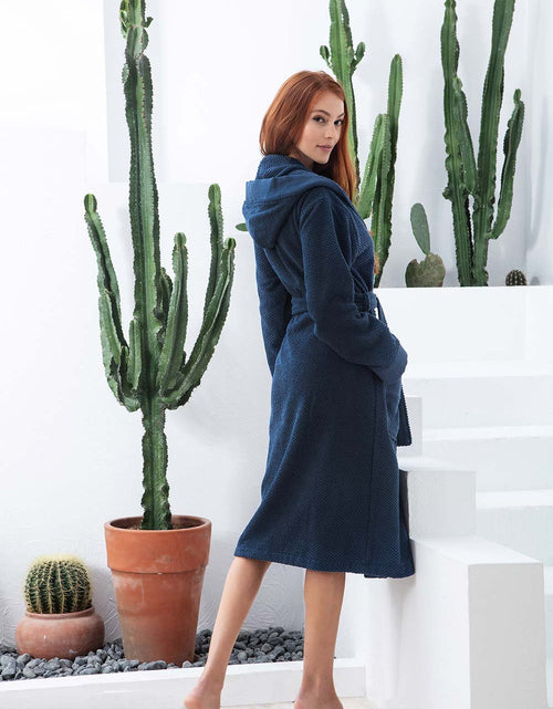 Load image into Gallery viewer, Women&#39;s Navy Blue Turkish Cotton Hooded Terry Bathrobe
