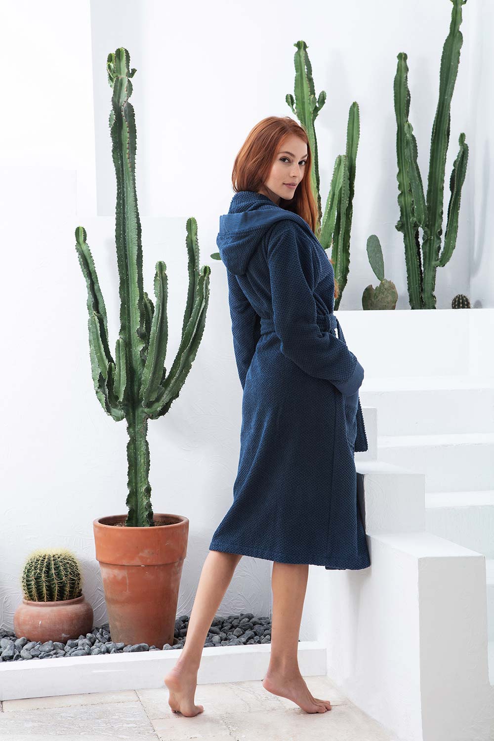 Women's Navy Blue Turkish Cotton Hooded Terry Bathrobe